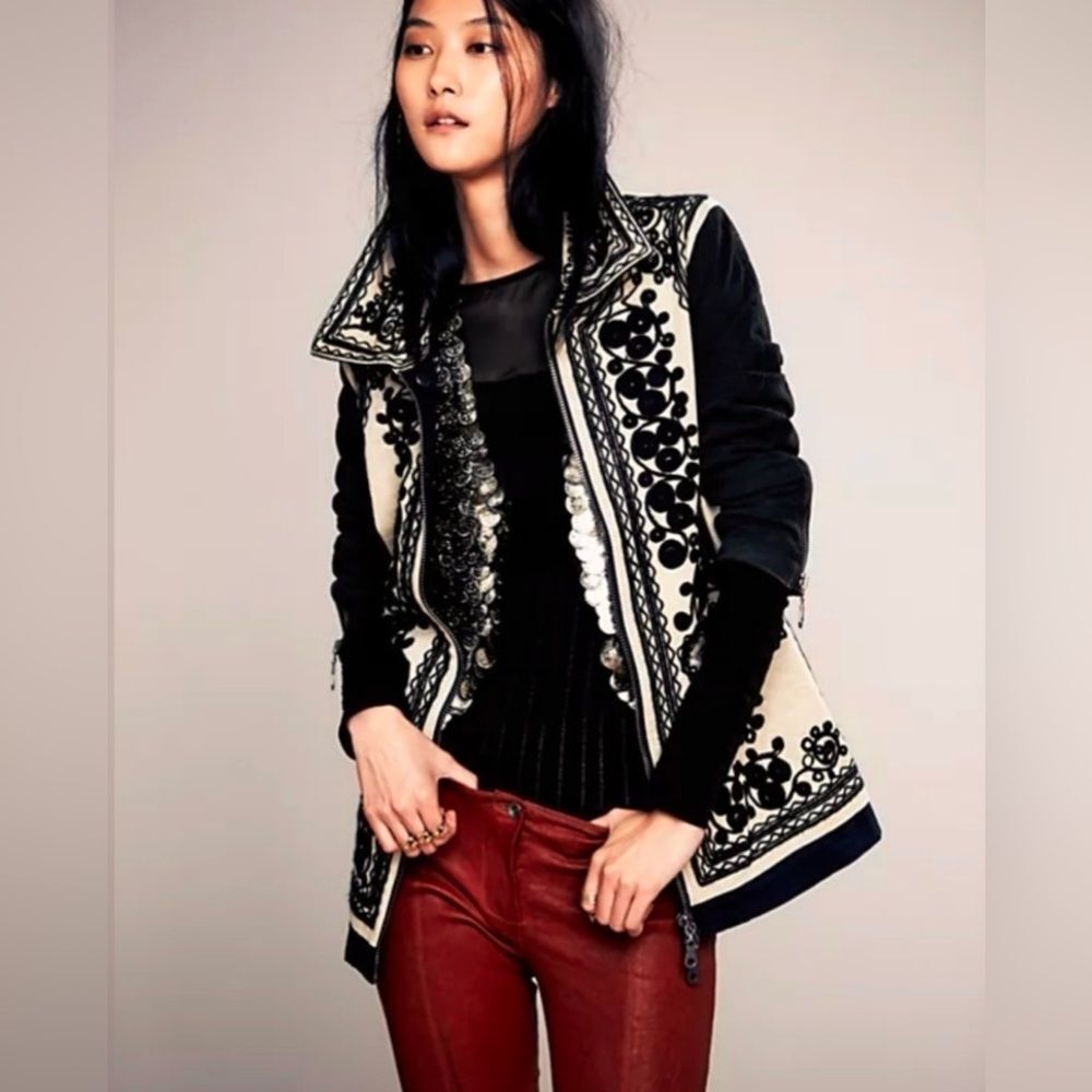 Free People Stitched Quill Embroidered Jacket Zipper Front XS